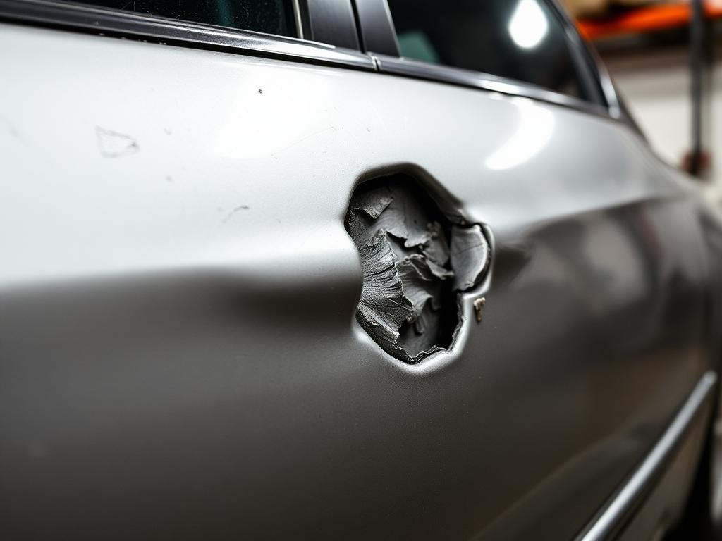 Dented and scratched door panel before repair