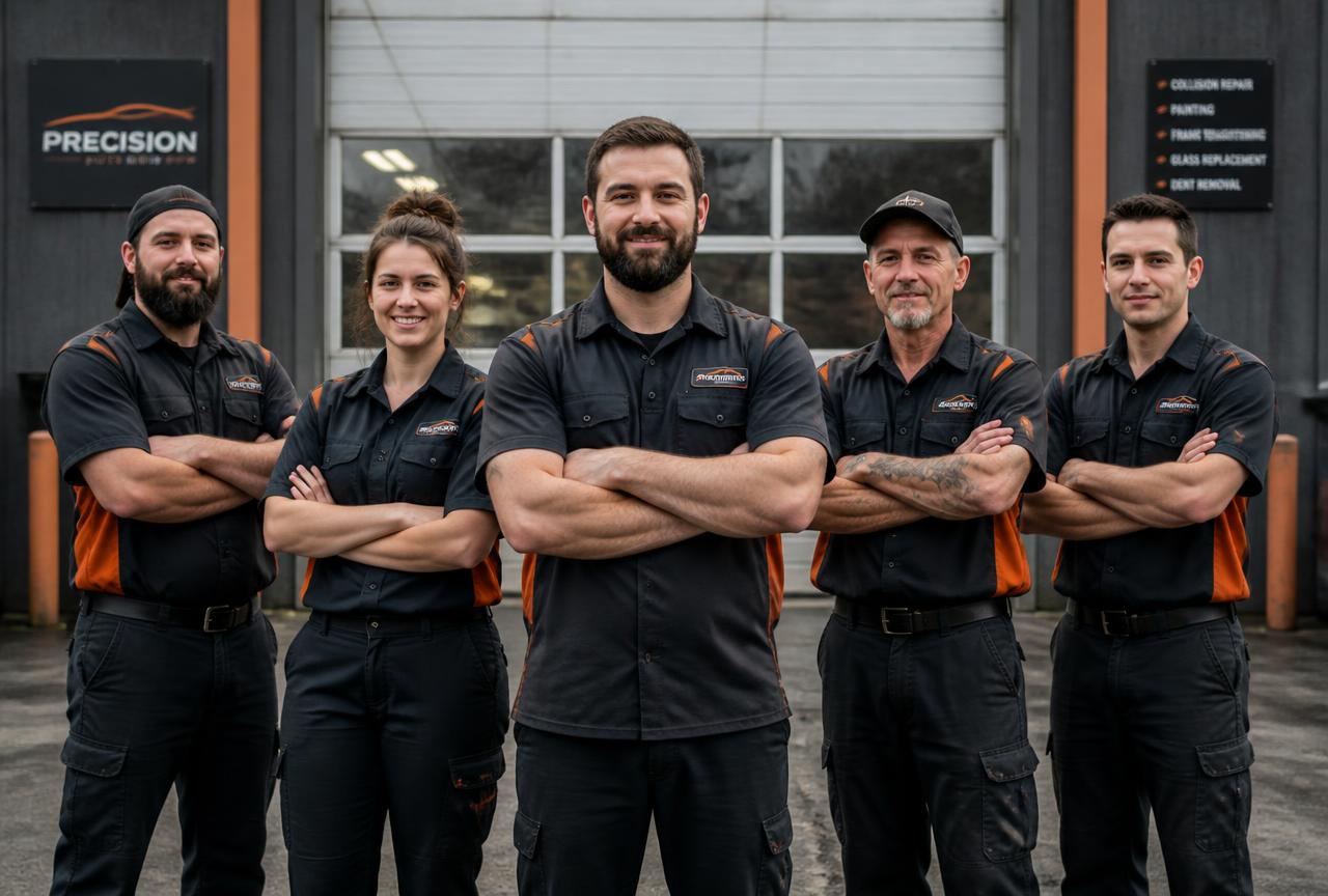 Placeholder: technicians outside the shop